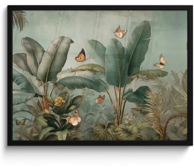 Poster in lijst - Fotolijst 80x60 cm - Posters - Tropisch bladerdek - Vlinders - groen - Bruin - Posterlijst zwart - Decoratie - Wanddecoratie woonkamer - Muurdecoratie slaapkamer