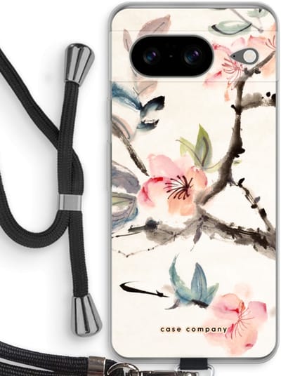 Case Company® - Hoesje met koord geschikt voor Google Pixel 8 hoesje met Koord - Japanse bloemen - Telefoonhoesje met Zwart Koord - Bescherming aan alle Kanten en Over de Schermrand