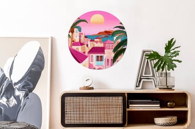 WallCircle - Wandcirkel - Muurcirkel - Stad - Roze - Palmbomen - Aluminium - Dibond - 60x60 cm - Binnen en Buiten