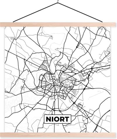 Posterhanger incl. Poster 40x40 cm - Schoolplaat - Stadskaart - Plattegrond - Kaart - Frankrijk - Niort - Zwart wit - Textielposter - Blanke latten - Stadskaart