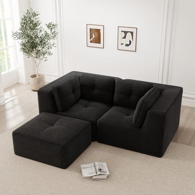 MODENUIT Hoekbank 2-Zits - Modulair Met Verplaatsbare Hocker - Voor Woonkamer En Slaapkamer - Corduroy Zwart