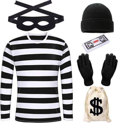 Bankrover kostuum voor volwassenen met hoed, handschoenen, masker en tas - ideaal voor carnaval en themafeesten, inclusief bankbiljetten en accessoires