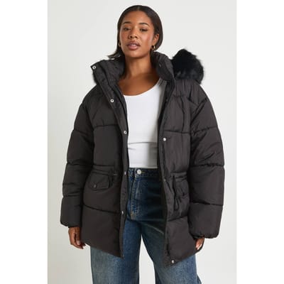 boohoo Dames Plus Parka met nepbontafwerking | Black | Maat: 16