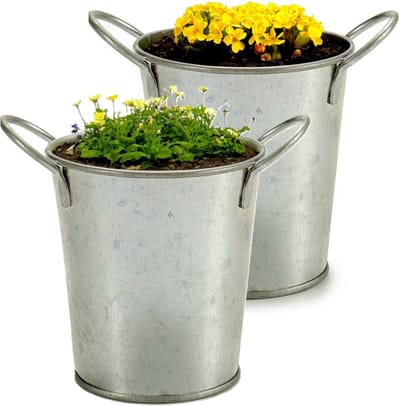 Arte r Plantenpot/bloempot emmer- 2x - zink - zilver - D12 x H16 cm