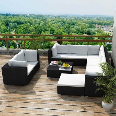 vidaXL - 10-delige - Loungeset - met - kussens - poly - rattan - zwart