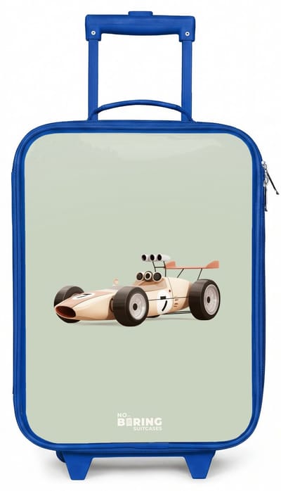 NoBoringSuitcases.com® - Kinderkoffer blauw - Kindertrolley jongen - Beige retro raceauto op groen achtergrond - Koffer kind lichtgewicht - Reiskoffer trolley voor kinderen - Koffertje met lichtgevende wieltjes - Rolkoffer