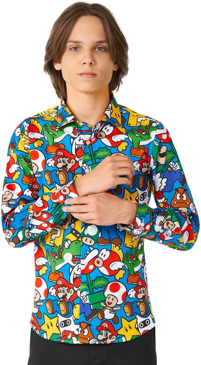 OppoSuits Lange Mouwen Overhemd Super Mario Teen Boys - Tiener Overhemd - Carnavalskleding - Casual Gaming Nintendo Shirt - Meerkleurig - Maat EU 134/140