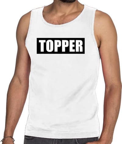 Topper in kader tanktop heren wit / mouwloos shirt Topper in zwarte balk - heren S
