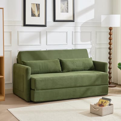 DESMIU Slaapbank 165 X 92 X 82 Cm - 2-In-1 Klapsofa Met 2 Lendenkussens En Opbergvakken - Voor Woonkamer En Logeerkamer - Cordstof Groen