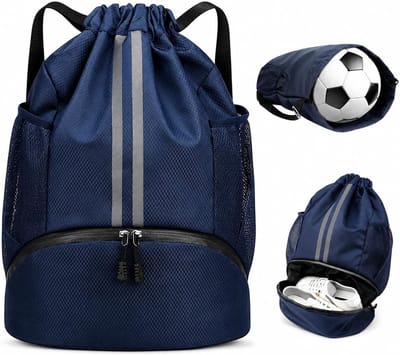 KZQ Sporttas met trekkoord - Rugzak met trekkoord en schoenenvak - Waterdichte zwemtas - Geschikt voor school, reizen, strand, enz. - Marineblauw