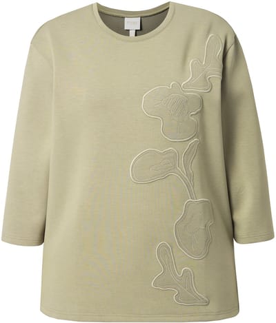 Ulla Popken - Dames - Sweatshirt bloemenapplicatie ronde hals 3/4-mouwen - Licht kaki - Maat 42+