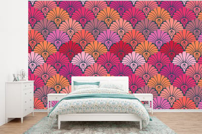 Behang - Fotobehang Patronen - Art Deco - Roze - Bloemen - Breedte 320 cm x hoogte 240 cm