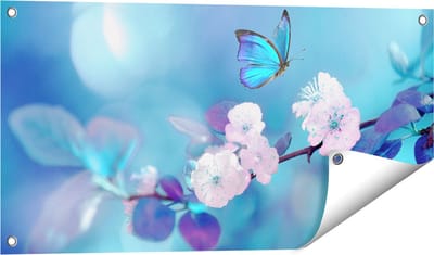 Gards Tuinposter Blauwe Vlinder bij een Roze Bloem - 80x40 cm - Tuindoek - Tuindecoratie - Wanddecoratie buiten - Tuinschilderij