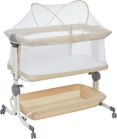 3-in-1 Co-Sleeper & Babybed met Wieltjes - Wieg Inclusief Klamboe, Opbergmand en Reistas - In Hoogte Verstelbaar (Anti-Reflux) - Opvouwbaar - Khaki kleur