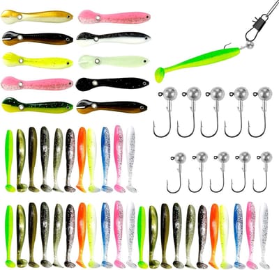 Complete Set van 53 Stuks Vissersaas met Jig Heads en Jig Haken voor Zoet- en Zoutwater Vissen, Inclusief Rubber Aas en Accessoires voor Karper en Snoek
