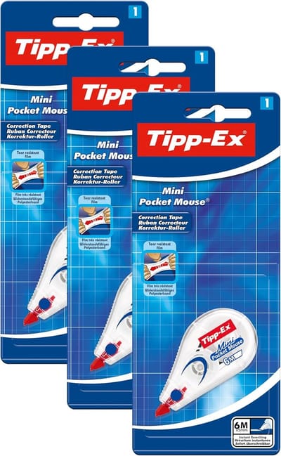 Correctieroller 6 m x 5 mm - Mini Pocket Mouse - Verpakking van 3 stuks - Voor thuis, school en kantoor