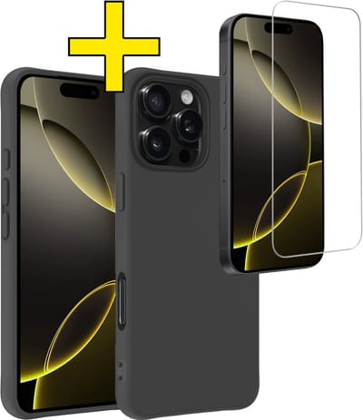 Hoesje - Met Screenprotector - Geschikt voor Apple iPhone 16 Pro - Sterk & Shockproof - Back Cover - Siliconen Case - Telefoon Hoes - Telefoonhoesjes - Zwart