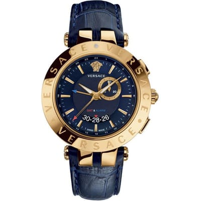 Versace 29G70D282S282 V-Race GMT Alarm Gouden Bezel Marineblauwe Wijzerplaat Herenhorloge