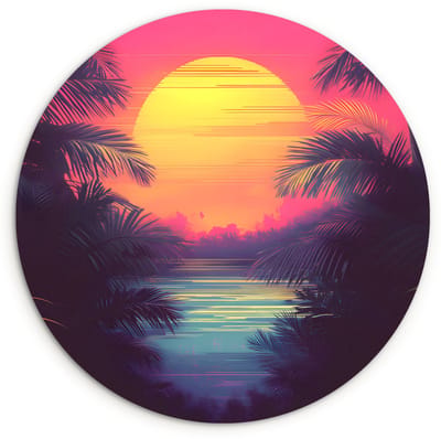 WallCircle® Wandcirkel 120x120 cm - Muurcirkel Zon - Geel - Palmbomen - Tropisch - Muurdecoratie woonkamer - Wanddecoratie slaapkamer - Kamer decoratie accessoires - Ronde schilderijen XXL
