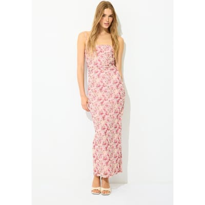 Stradivarius Midi-jurk met print, bandjes en rimpeldetail  Pastelroze XS