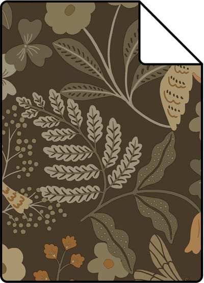 Proefstaal ESTAhome behang bloemen en vogels vergrijsd groen, bruin en okergeel - 26.5 x 21 cm - 131466-S