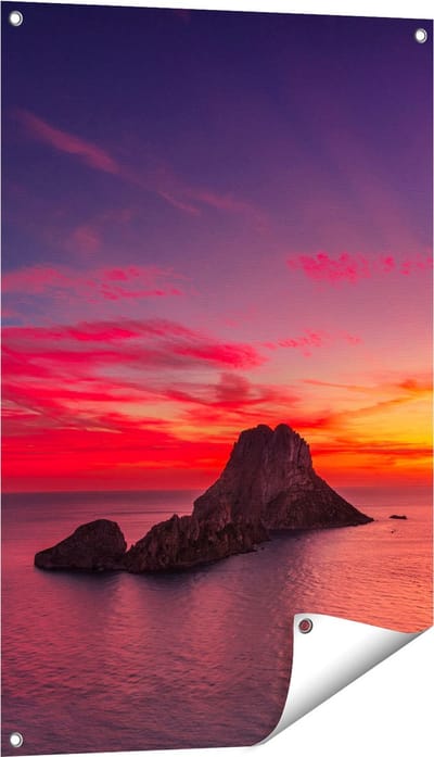 Gards Tuinposter Ibiza Rotsen Eiland bij Zonsondergang - 60x90 cm - Tuindoek - Tuindecoratie - Wanddecoratie buiten - Tuinschilderij