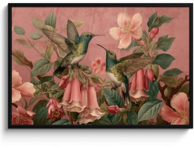 Poster in lijst - Fotolijst 120x80 cm - Posters - Kolibries - Bloemen - Groen - Roze - Posterlijst zwart - Decoratie - Wanddecoratie woonkamer - Muurdecoratie slaapkamer