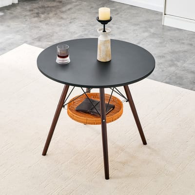 OKWISH Ronde Eettafel - Met Opbergmand - Voor Kleine Ruimtes - Massief Hout En Zwart MDF - 80 Cm