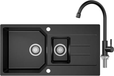 Anycee max Spoelbak Keuken 86x45CM - 1.5 Granieten Spoelbakken Keuken Met Keukenkraan - Primaire en Tweede Bak - Met Afdruiprek en Waterafvoersysteem - Zwart