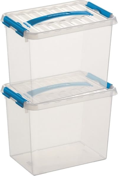 2x sunware q-line opberg box/opbergdoos - 9 liter - 30 x 20 x 22 cm - kunststof - opslagbox - transparant/blauw