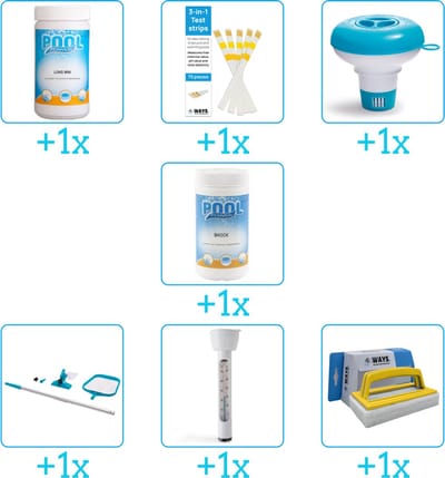 Zwembad Onderhoudspakket - Onderhoud Zwembad - bevat Chloor - Testrips - Chloordrijver - Chloor - Schoonmaakset - Thermometer en Scrubborstel (7-delig)