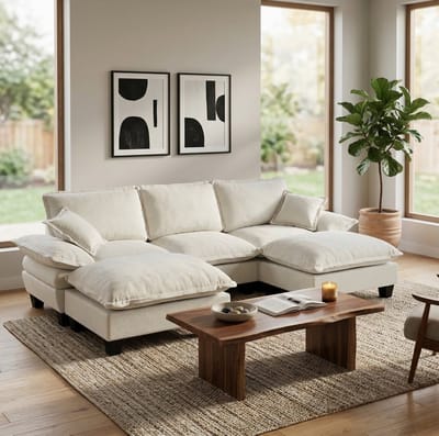 OKWISH Hoekbank 263 x 151 cm - Modulaire U Vorm Met Verplaatsbare Ottomanen - Voor Woonkamer Of Appartement - Chenille - Beige