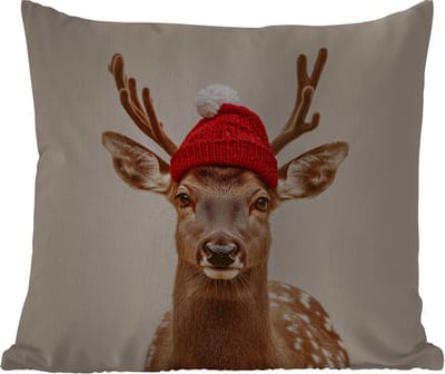 Sierkussen Buiten - Hert - Kerst - Muts - Dieren - Winter - Grappig - 60x60 cm - Weerbestendig