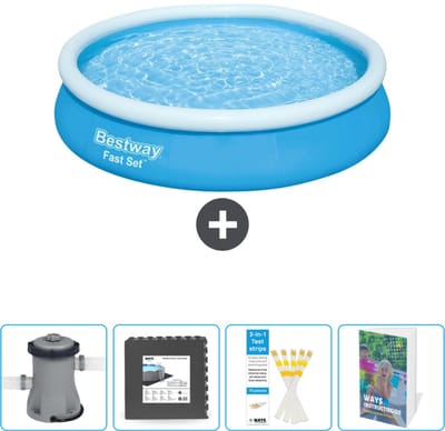 Bestway Rond Opblaasbaar Fast Set Zwembad - 366 x 76 cm - Blauw - Inclusief Pomp Vloertegels - Testrips - Zwembadgids
