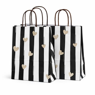50x Papieren Draagtassen Wit & Zwart met Hartjes – Kraft Cadeautasjes met Handvat – 22 x 10 x 28 cm – Papieren Tasjes voor Cadeaus, Winkels & Webshops