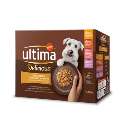 Dubbelpak: 24x100g Mixpakket Ultima Delicious Hapjes in Saus (Kip, Rund, Zalm, Kalkoen) Nat hondenvoer