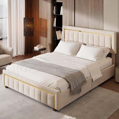 Tweepersoonsbed 160 x 200 cm met grote opbergruimte, gewatteerd hoofdeinde, hydraulisch systeem, modieus en luxueus, fluwelen stof, beige