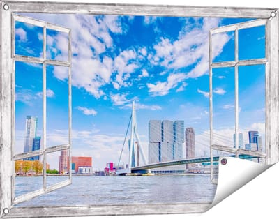 Gards Tuinposter Doorkijk Erasmusbrug aan het Water in Rotterdam - 90x60 cm - Tuindoek - Tuindecoratie - Wanddecoratie buiten - Tuinschilderij