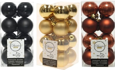 48x Stuks kunststof kerstballen mix zwart/terra bruin/goud 4 cm - Kleine kerstballetjes - Kerstboomversiering