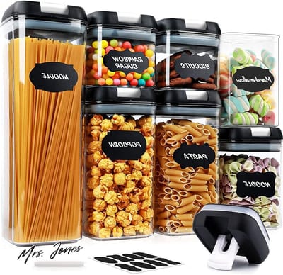 Mrs. Jones Voorraaddozen 7-delige set vershouddozen met luchtdicht deksel BPA-vrij kunststof stapelbare bewaarcontainers organisatie opbergdoos keuken voor meel suiker pasta spaghetti .