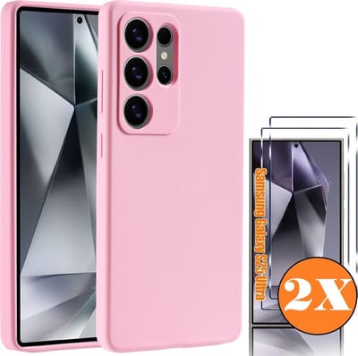 Hoesje geschikt voor Samsung Galaxy S25 Ultra Hoesje siliconen Licht Roze zacht TPU backcover - Met gehard glas screenprotector Galaxy S25 Ultra - 2 stuks