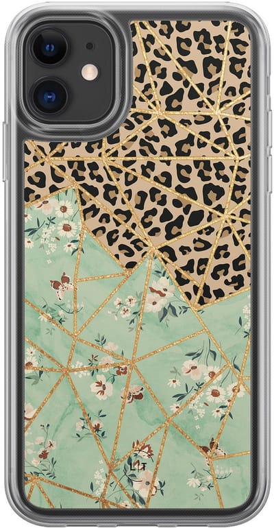 Hoesje geschikt voor iPhone 11 - Luipaard bloemen print - 2in1 backcover - Print / Illustratie - Groen - Leuke Telefoonhoesjes