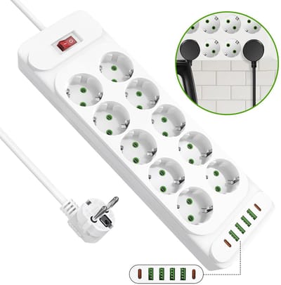 Stekkerdoos met Schakelaar - Stopcontacten - 10-voudig - Stekkerdoos met USB-A en USB-C - 2 Meter Verlengsnoer - Overspanningsbeveiliging