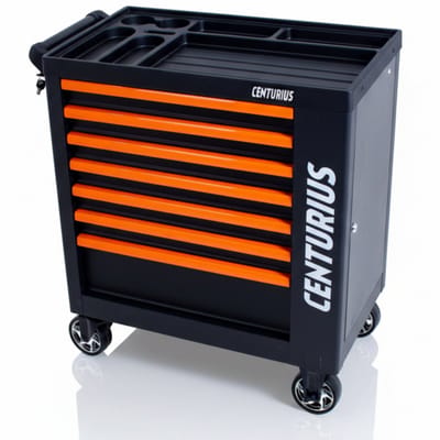 Centurius Gereedschapswagen Carnage – 7 Lades & Opbergkast Leeg – Anti-Omval Systeem – Cilinderslot – Rubberwielen Met Rem – Compact, Veilig & Verrijdbaar – Zwart/Oranje