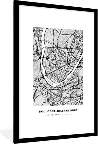 Fotolijst incl. Poster - Plattegrond - Boulogne-Billancourt - Stadskaart - Kaart - Frankrijk - 80x120 cm - Posterlijst