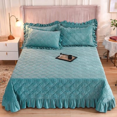 Couverture de lit d'hiver épaisse en velours doux, couvre-lit à volants, plaid, draps, couvre-lit sur le lit, couverture, couette, couvre-lit pour lit double cover 250x270cm cyan clair