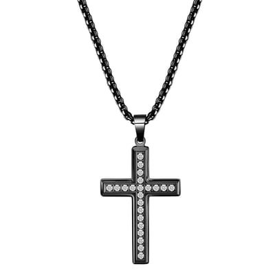 Fako Bijoux - Ketting Met Kruisje Kristal - Diamond Cross - Kruis Zirkonia - 26x41mm - 60cm - 2mm - Stainless Steel - RVS - Staal - Zwart