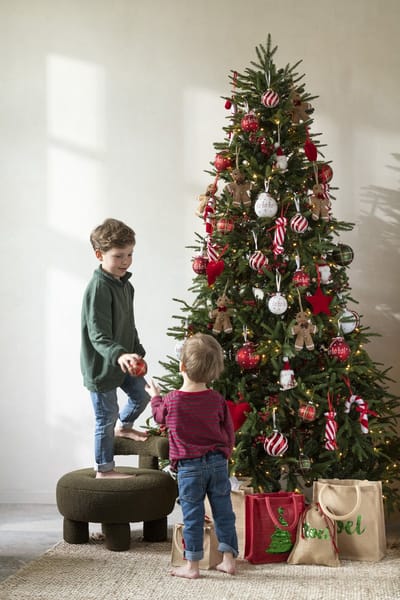 J-Line zak Kerstboom Pailletten - jute - naturel/rood - 2 stuks