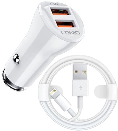 Auto Oplader - USB A naar Geschikt voor: Lightning Kabel (1M) wit & Auto Stekker - USB A Snel Lader 36W - Autolader