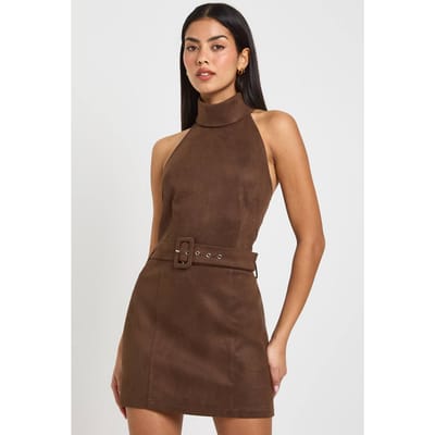 boohoo Dames Faux Suede Halterneck Jurk Met Riemdetail Mini | Chocoladebruin | Maat: 38